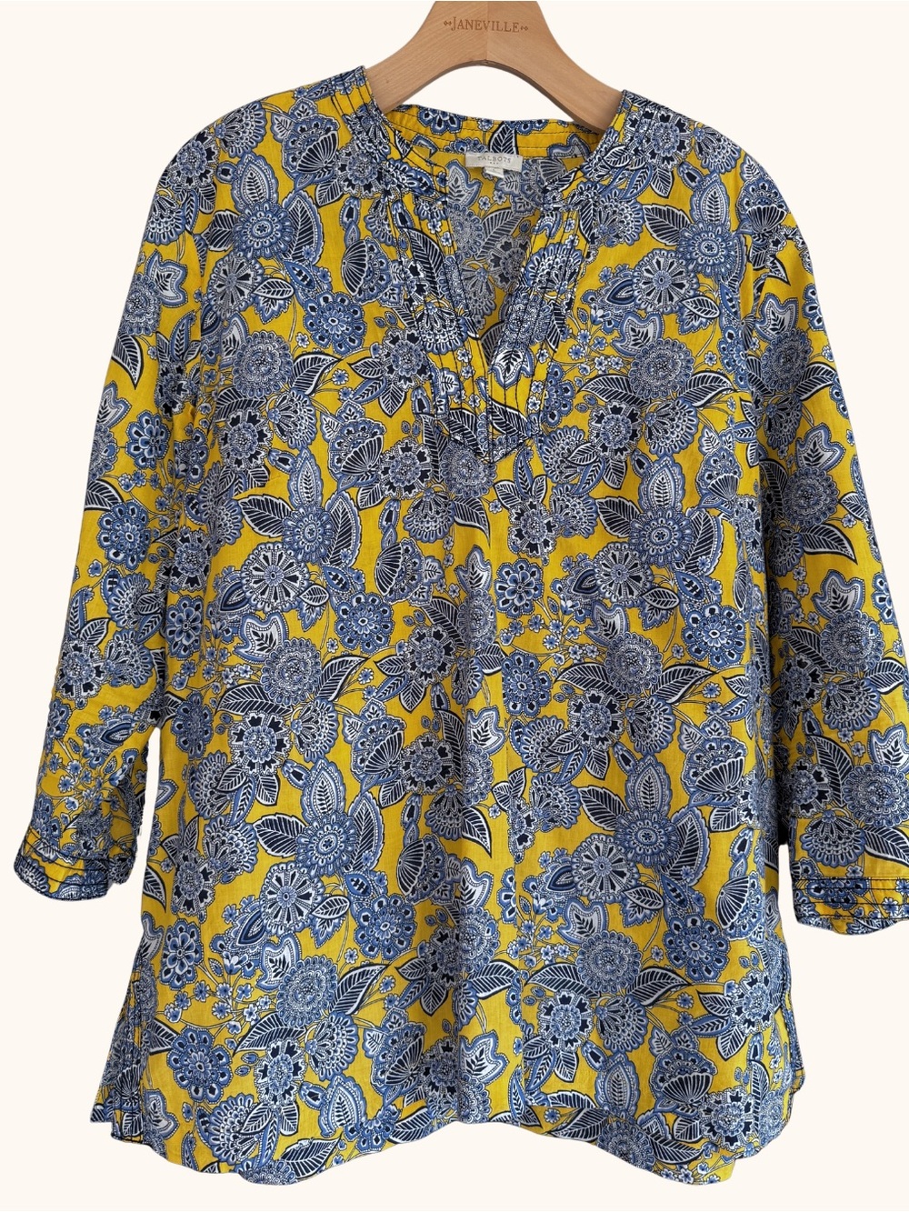 Talbots Yellow Blue Floral Cotton Tunic Blouse Top L